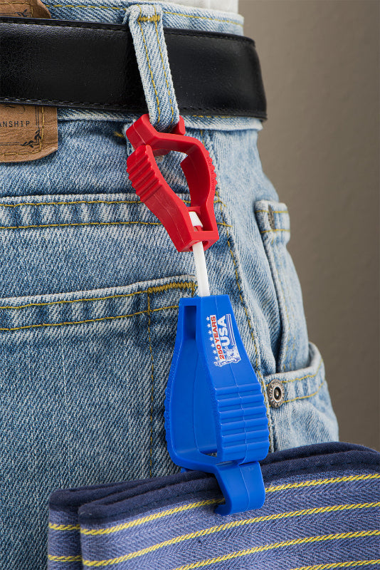 Red and blue tool holder attached to a belt with jeans.