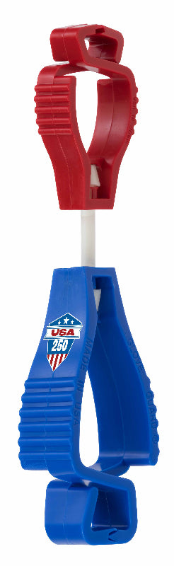 Red and blue plastic clip with USA logo on a white background