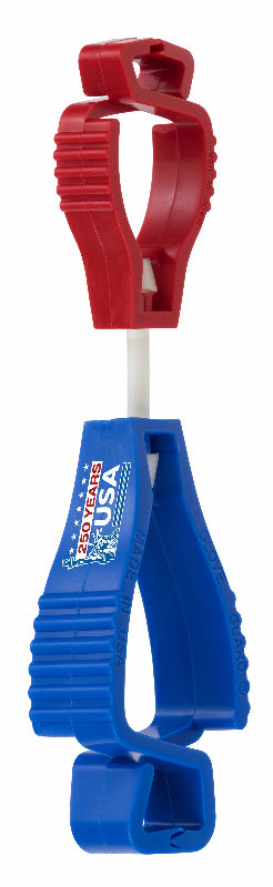 Red and blue plastic clip with a white string on a white background