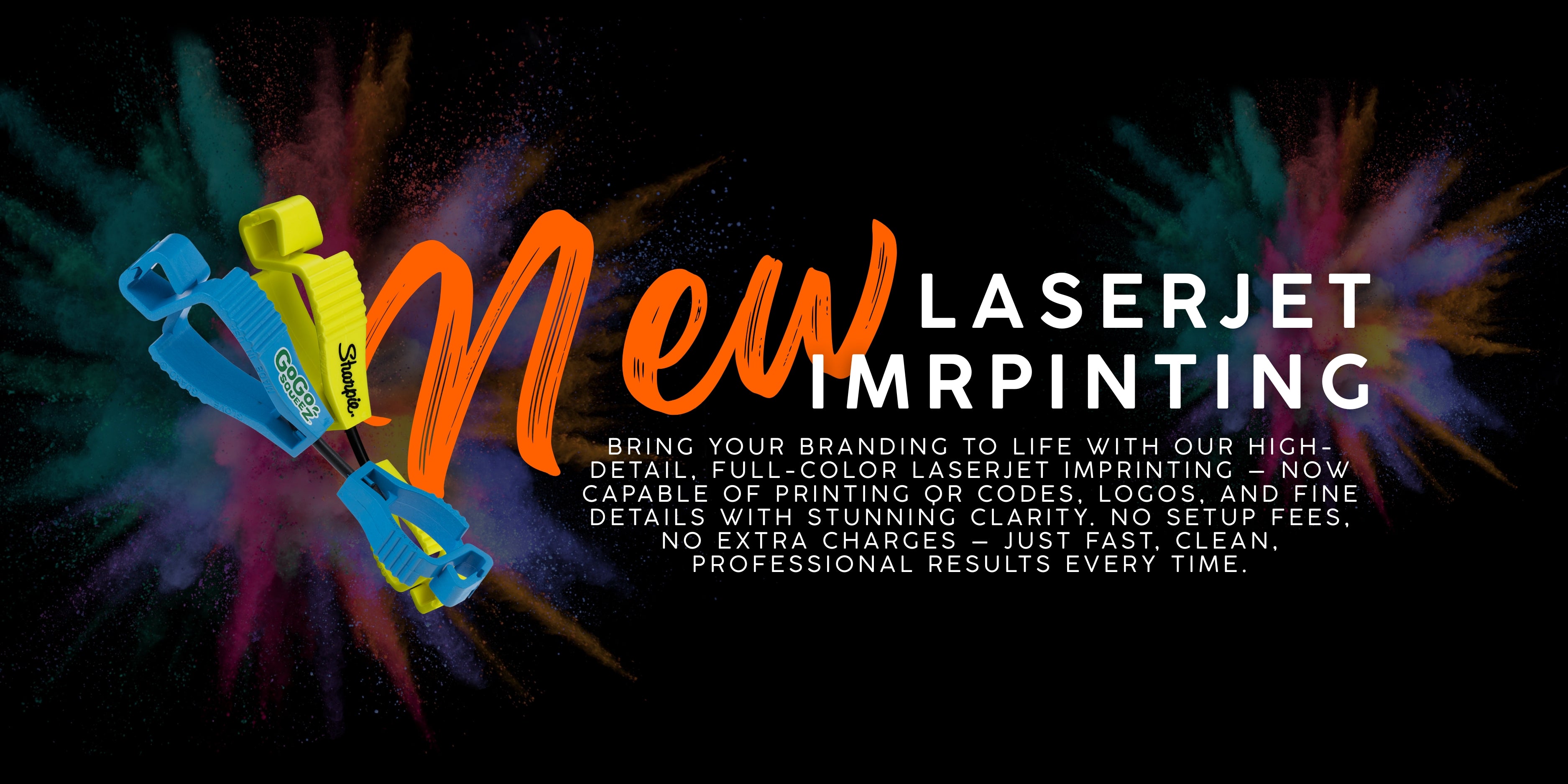 Advertisement for laserjet imprinting services with colorful text and tools on a dark background.